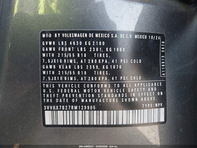 Продаж на аукціоні авто 2024 Volkswagen Taos 1.5t S, vin: 3VV8X7B27RM129905, номер лоту: 44955337