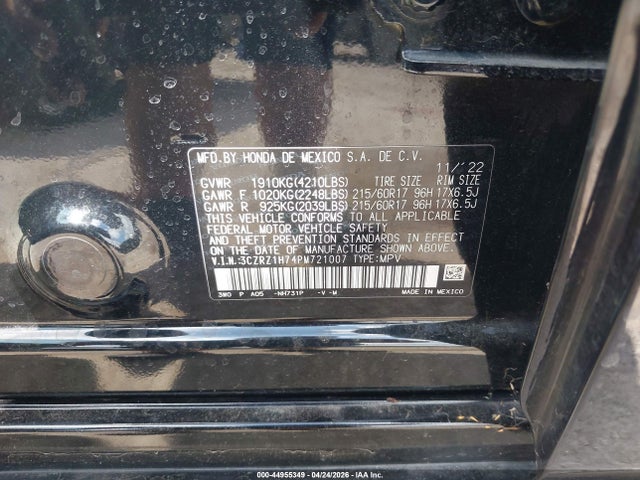 44955349 :رقم المزاد ، 3CZRZ1H74PM721007 vin ، 2023 Honda Hr-v 2wd Ex-l مزاد بيع