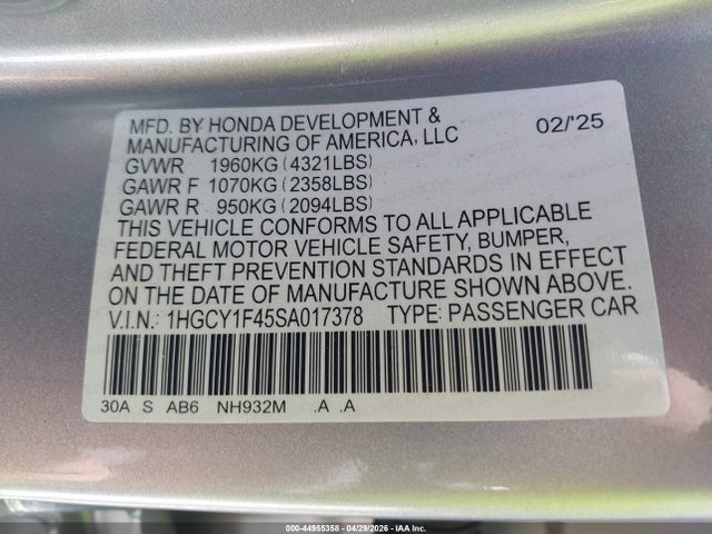 1HGCY1F45SA017378 Honda ACCORD SE