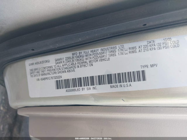 44955359 :رقم المزاد ، 4S4BP61C767325224 vin ، 2006 Subaru Outback 2.5i مزاد بيع