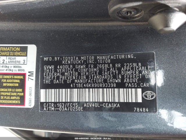 Aukcja sprzedaży 2009 Toyota Camry Se, vin: 4T1BE46K89U893398, numer aukcji: 44955360