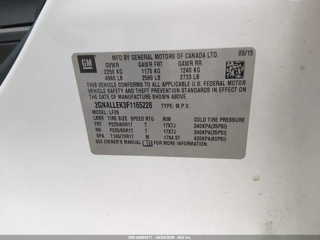 Продажа на аукционе авто 2015 Chevrolet Equinox L, vin: 2GNALLEK3F1165228, номер лота: 44955371