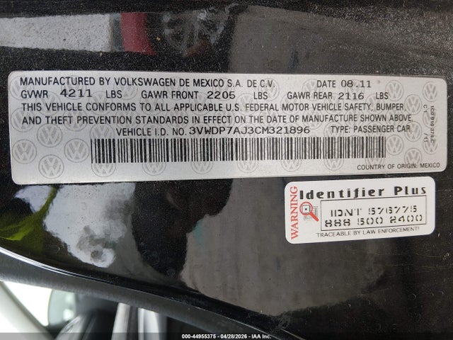 Продажа на аукционе авто 2012 Volkswagen Jetta 2.5l Se, vin: 3VWDP7AJ3CM321896, номер лота: 44955375