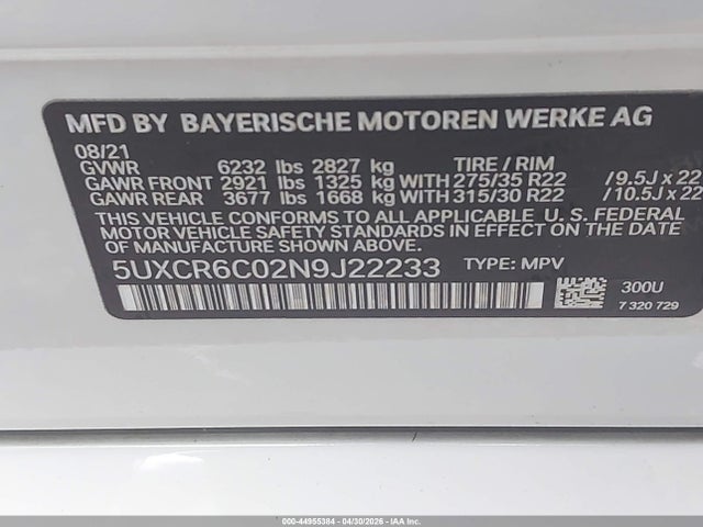 Aukcja sprzedaży 2022 Bmw X5 Xdrive40i, vin: 5UXCR6C02N9J22233, numer aukcji: 44955384