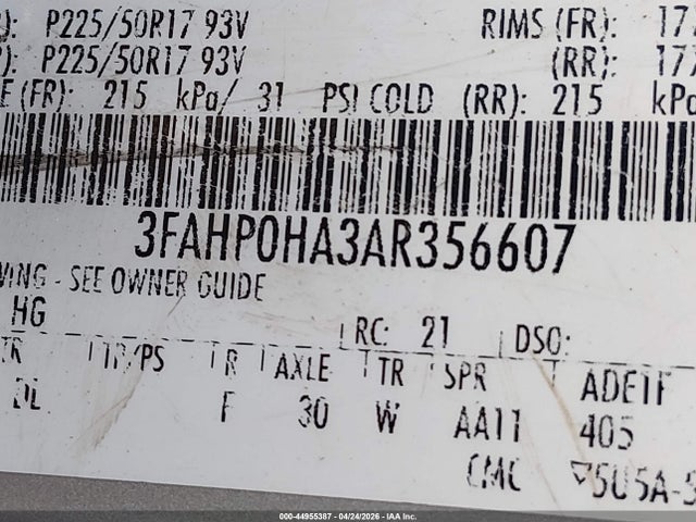 Auction sale of the 2010 Ford Fusion Se, vin: 3FAHP0HA3AR356607, lot number: 44955387