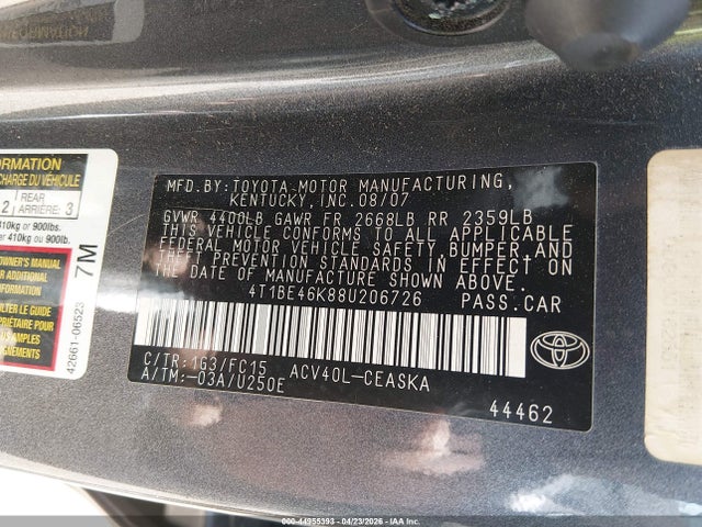 Продаж на аукціоні авто 2008 Toyota Camry Se, vin: 4T1BE46K88U206726, номер лоту: 44955393