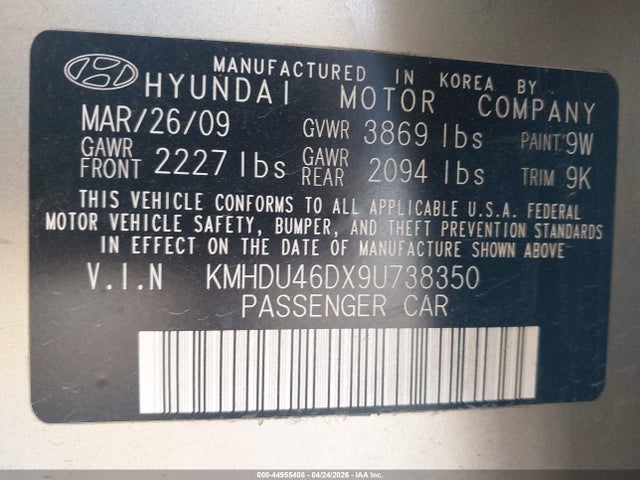 Продаж на аукціоні авто 2009 Hyundai Elantra Gls, vin: KMHDU46DX9U738350, номер лоту: 44955408