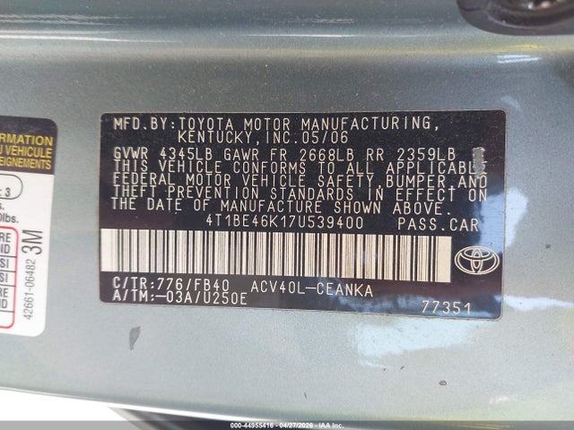 2007 Toyota Camry Le მანქანა იყიდება აუქციონზე, vin: 4T1BE46K17U539400, აუქციონის ნომერი: 44955416