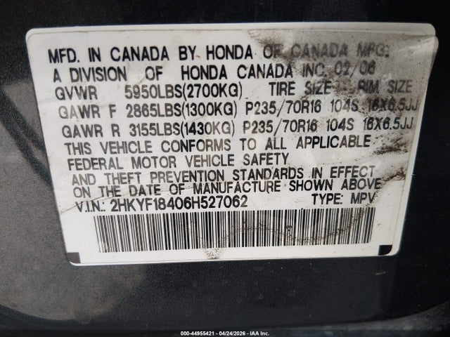 2006 Honda Pilot Ex მანქანა იყიდება აუქციონზე, vin: 2HKYF18406H527062, აუქციონის ნომერი: 44955421