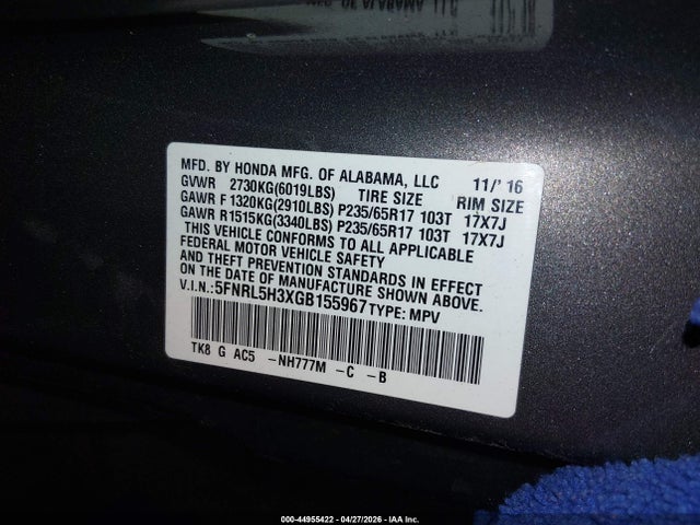 Aukcja sprzedaży 2016 Honda Odyssey Se, vin: 5FNRL5H3XGB155967, numer aukcji: 44955422