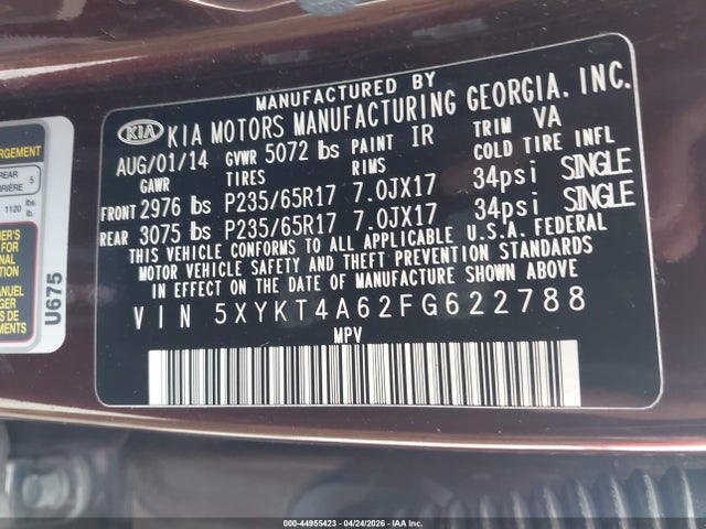 44955423 :رقم المزاد ، 5XYKT4A62FG622788 vin ، 2015 Kia Sorento Lx مزاد بيع