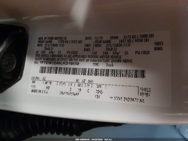2020 Ford F-150 Lariat მანქანა იყიდება აუქციონზე, vin: 1FTEW1E48LKD16650, აუქციონის ნომერი: 44955430