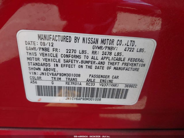 44955434 :رقم المزاد ، JN1CV6AP9DM301008 vin ، 2013 Infiniti G37 Journey مزاد بيع