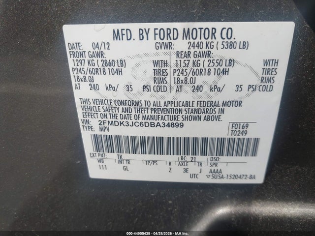 44955435 :رقم المزاد ، 2FMDK3JC6DBA34899 vin ، 2013 Ford Edge Sel مزاد بيع