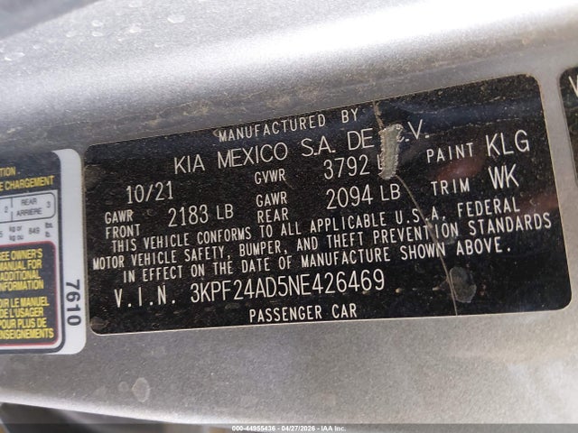 2022 Kia Forte Lxs მანქანა იყიდება აუქციონზე, vin: 3KPF24AD5NE426469, აუქციონის ნომერი: 44955436