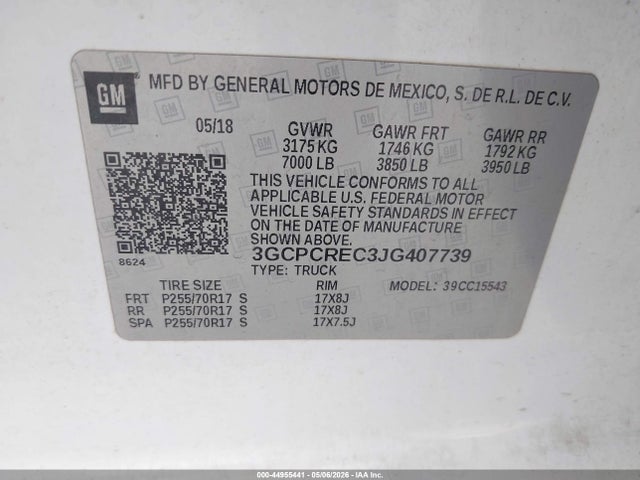44955441 :رقم المزاد ، 3GCPCREC3JG407739 vin ، 2018 Chevrolet Silverado 1500 1lt مزاد بيع