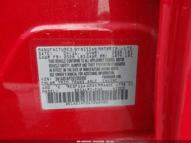 Aukcja sprzedaży 2016 Nissan Sentra Fe+ S/s/sl/sr/sv, vin: 3N1AB7AP2GY262480, numer aukcji: 44955448
