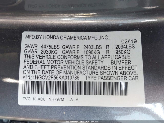 44955454 :رقم المزاد ، 1HGCV2F56KA010785 vin ، 2019 Honda Accord Ex-l 2.0t مزاد بيع