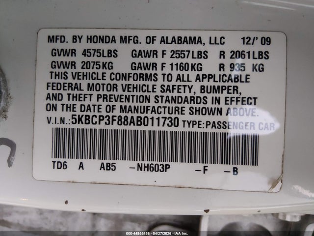 2010 Honda Accord 3.5 Ex-l მანქანა იყიდება აუქციონზე, vin: 5KBCP3F88AB011730, აუქციონის ნომერი: 44955456