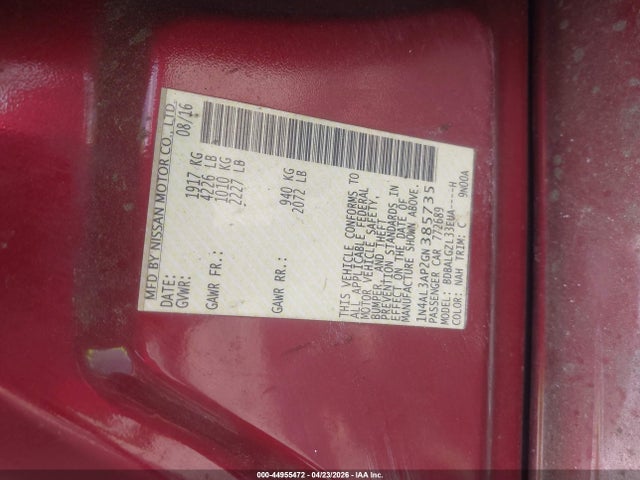 2016 Nissan Altima 2.5 S მანქანა იყიდება აუქციონზე, vin: 1N4AL3AP2GN385735, აუქციონის ნომერი: 44955472