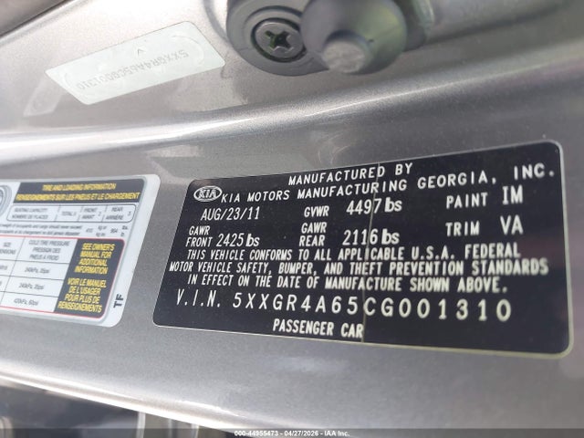 44955473 :رقم المزاد ، 5XXGR4A65CG001310 vin ، 2012 Kia Optima Sx مزاد بيع