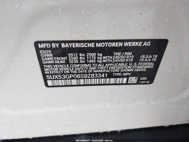 Продаж на аукціоні авто 2025 Bmw X3 30 Xdrive, vin: 5UX53GP06S9Z83341, номер лоту: 44955477