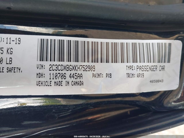 Aukcja sprzedaży 2019 Dodge Charger Sxt Rwd, vin: 2C3CDXBGXKH752909, numer aukcji: 44955478