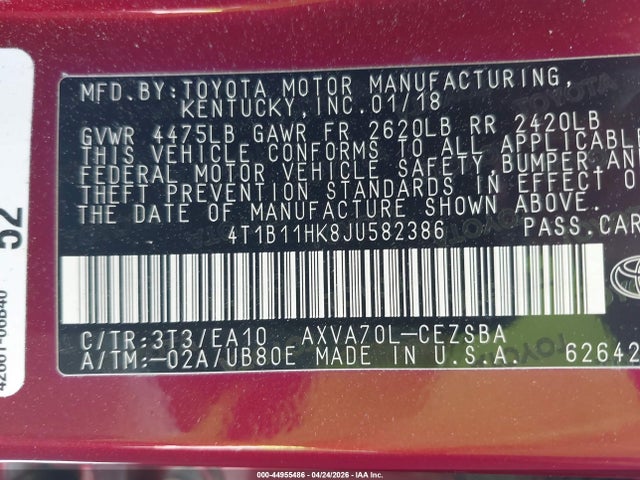 44955486 :رقم المزاد ، 4T1B11HK8JU582386 vin ، 2018 Toyota Camry Se مزاد بيع