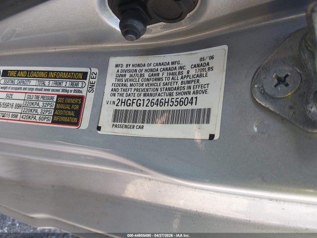 Продажа на аукционе авто 2006 Honda Civic Lx, vin: 2HGFG12646H556041, номер лота: 44955490