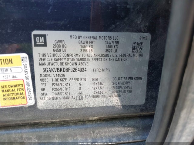 44955491 :رقم المزاد ، 5GAKVBKD8FJ264934 vin ، 2015 Buick Enclave Leather مزاد بيع