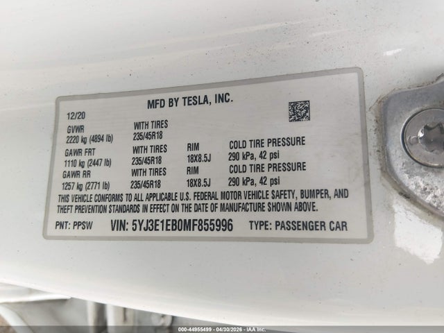 Aukcja sprzedaży 2021 Tesla Model 3 Long Range Dual Motor All-wheel Drive, vin: 5YJ3E1EB0MF855996, numer aukcji: 44955499