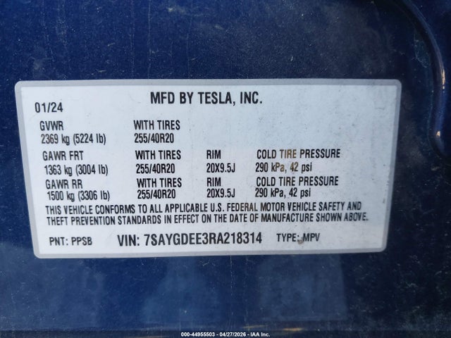 Aukcja sprzedaży 2024 Tesla Model Y Long Range Dual Motor All-wheel Drive, vin: 7SAYGDEE3RA218314, numer aukcji: 44955503