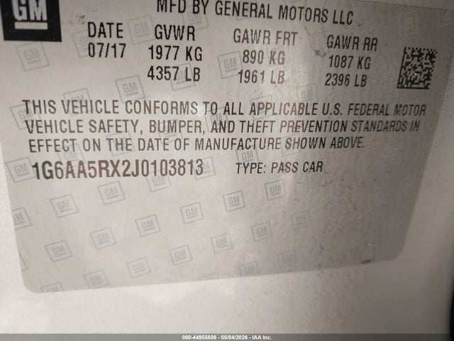 44955506 :رقم المزاد ، 1G6AA5RX2J0103813 vin ، 2018 Cadillac Ats Standard مزاد بيع
