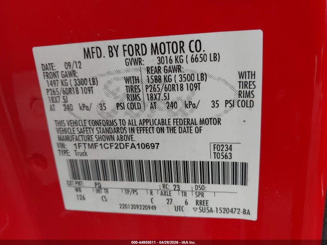 Aukcja sprzedaży 2013 Ford F-150 Stx, vin: 1FTMF1CF2DFA10697, numer aukcji: 44955511