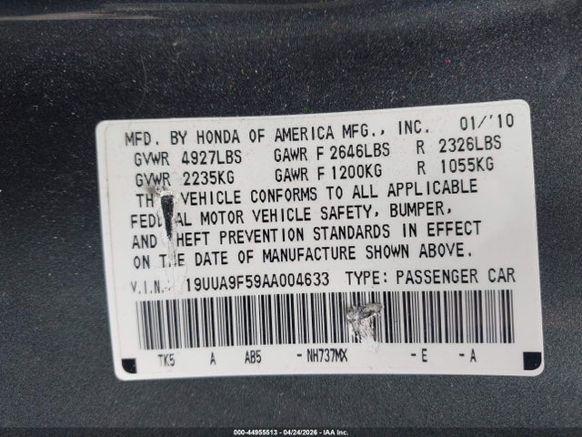 2010 Acura Tl 3.7 მანქანა იყიდება აუქციონზე, vin: 19UUA9F59AA004633, აუქციონის ნომერი: 44955513