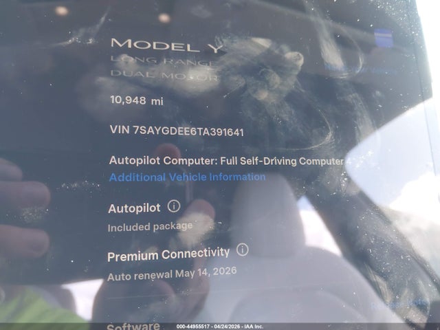 Aukcja sprzedaży 2026 Tesla Model Y All-wheel Drive/long Range Launch Series/premium All-wheel Drive, vin: 7SAYGDEE6TA391641, numer aukcji: 44955517