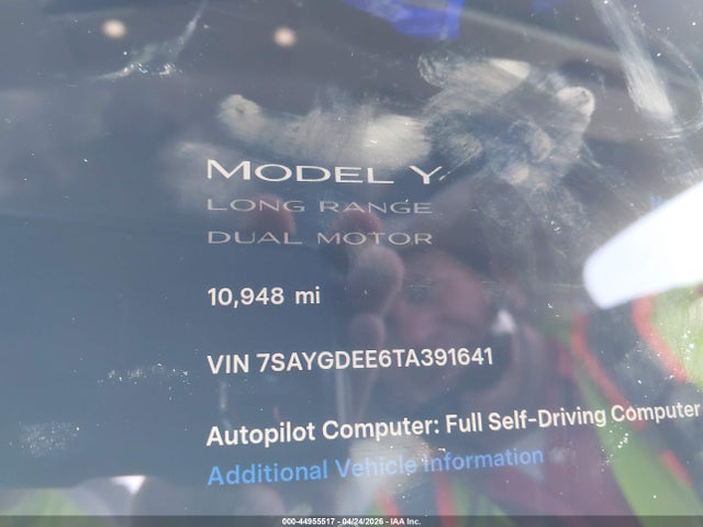 Aukcja sprzedaży 2026 Tesla Model Y All-wheel Drive/long Range Launch Series/premium All-wheel Drive, vin: 7SAYGDEE6TA391641, numer aukcji: 44955517