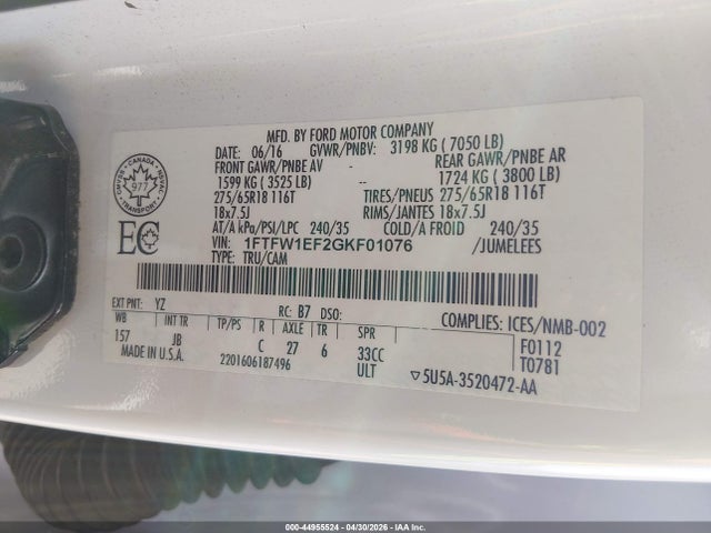 1FTFW1EF2GKF01076 Ford F-150 Xlt