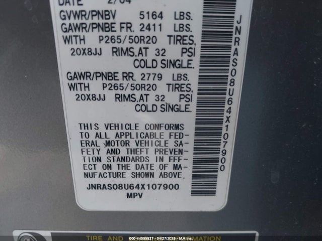 Aukcja sprzedaży 2004 Infiniti Fx35, vin: JNRAS08U64X107900, numer aukcji: 44955537