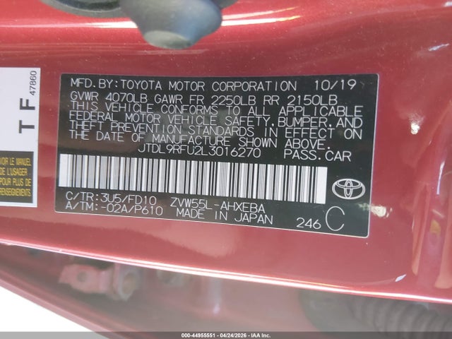 44955551 :رقم المزاد ، JTDL9RFU2L3016270 vin ، 2020 Toyota Prius Le Awd-e مزاد بيع