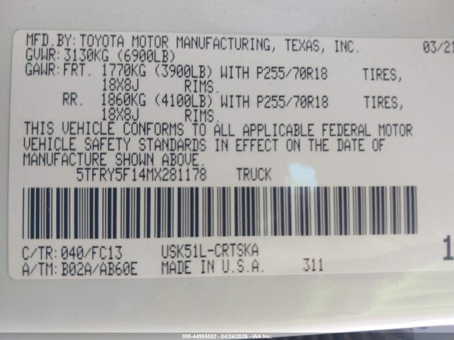 Toyota Tundra Sr5 2021 5TFRY5F14MX281178 Image 9