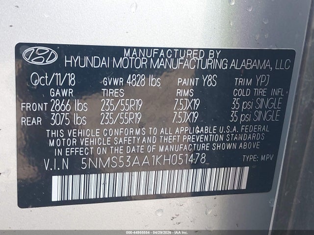 Hyundai Santa Fe Limited 2.0t 2019 5NMS53AA1KH051478 Image 9