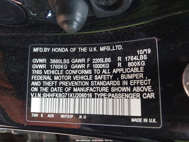 Продаж на аукціоні авто 2019 Honda Civic Type R Touring, vin: SHHFK8G71KU206016, номер лоту: 44955555