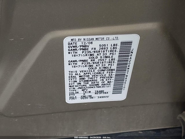 Aukcja sprzedaży 2007 Nissan Murano Sl, vin: JN8AZ08W37W635101, numer aukcji: 44955562