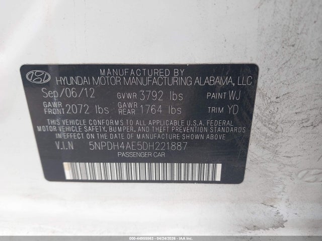 44955563 :رقم المزاد ، 5NPDH4AE5DH221887 vin ، 2013 Hyundai Elantra Gls مزاد بيع