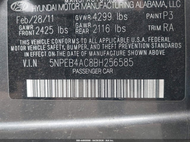 2011 Hyundai Sonata Gls მანქანა იყიდება აუქციონზე, vin: 5NPEB4AC8BH256585, აუქციონის ნომერი: 44955566