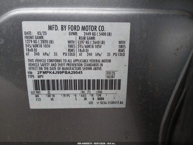 44955570 :رقم المزاد ، 2FMPK4J99PBA29045 vin ، 2023 Ford Edge Sel مزاد بيع