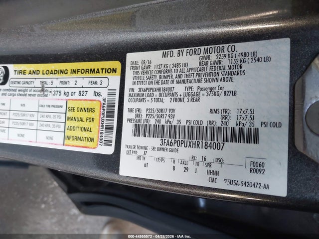 44955572 :رقم المزاد ، 3FA6P0PUXHR184007 vin ، 2017 Ford Fusion Energi Se Luxury مزاد بيع