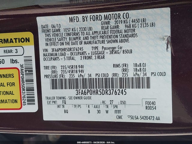 2013 Ford Fusion Se მანქანა იყიდება აუქციონზე, vin: 3FA6P0HR5DR376245, აუქციონის ნომერი: 44955573