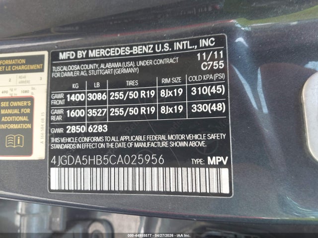 Aukcja sprzedaży 2012 Mercedes-benz Ml 350 4matic, vin: 4JGDA5HB5CA025956, numer aukcji: 44955577